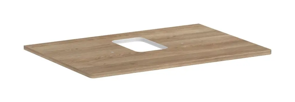 Helle Holzplatte mit mittigem Ausschnitt, geeignet für einen Aufsatzwaschtisch. Marke Hansgrohe.